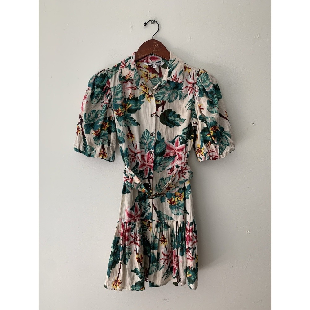 Walter Baker Tyanna Shirt Dress In Blush Azalea  XS Resort Botanical Floral Puff